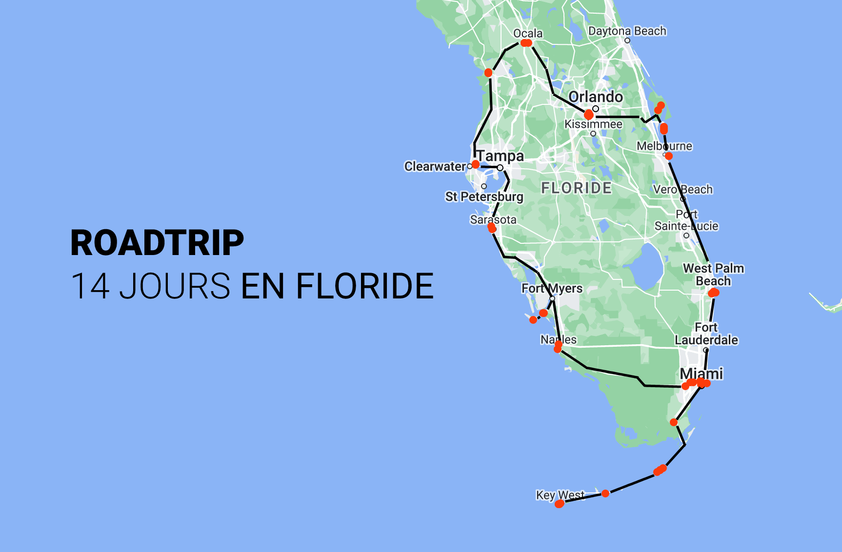 itinéraire de notre roadtrip de 14 jours en Floride
